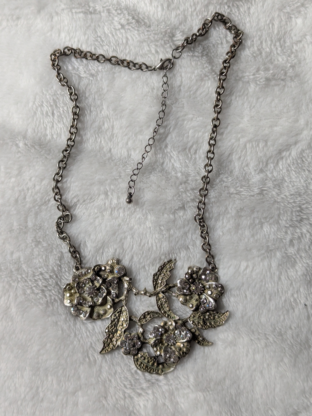 Floral Crystal Statement Necklace in Silver - Costume Jewelry